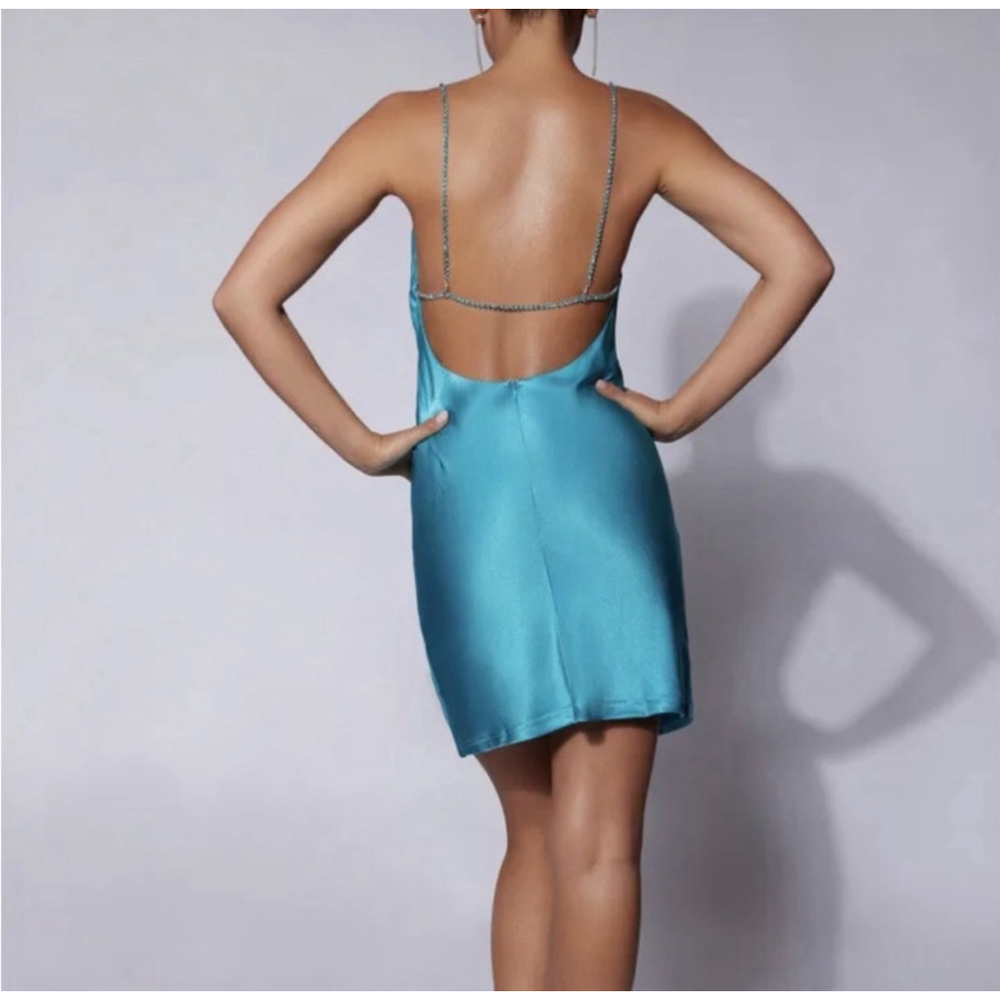 Meshki Dress Satin Cyan Blue “Sofie” Mini Rhinestone Strap Size Large NWT - Picture 3 of 11
